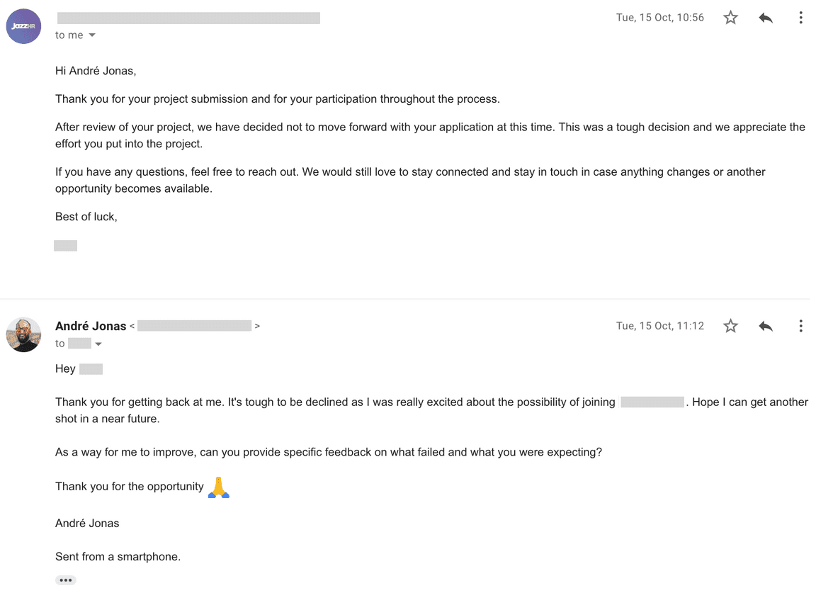 Me asking for feedback after being gracefully rejected for a job at DuckDuckGo